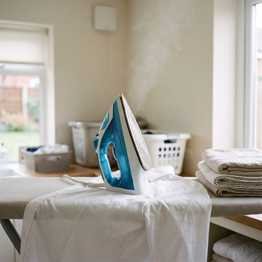 Steam iron on a shirt