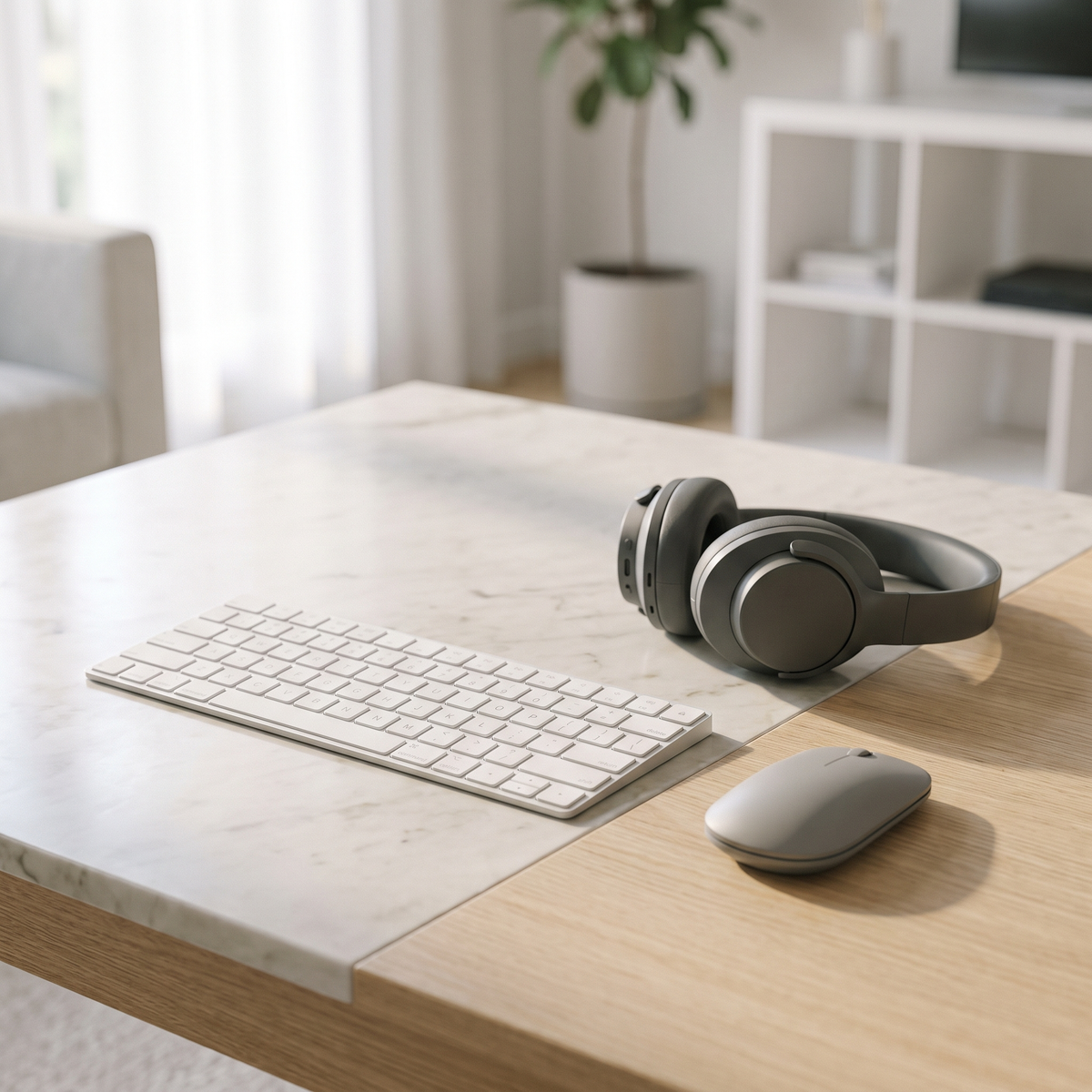 Keyboard, mouse and headphones on a desk