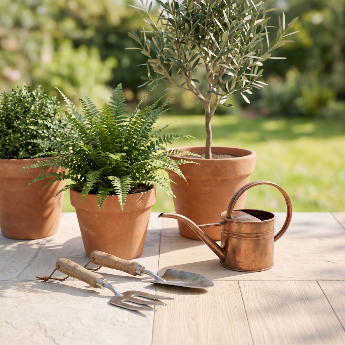 Potted plants and garden tools on a patio