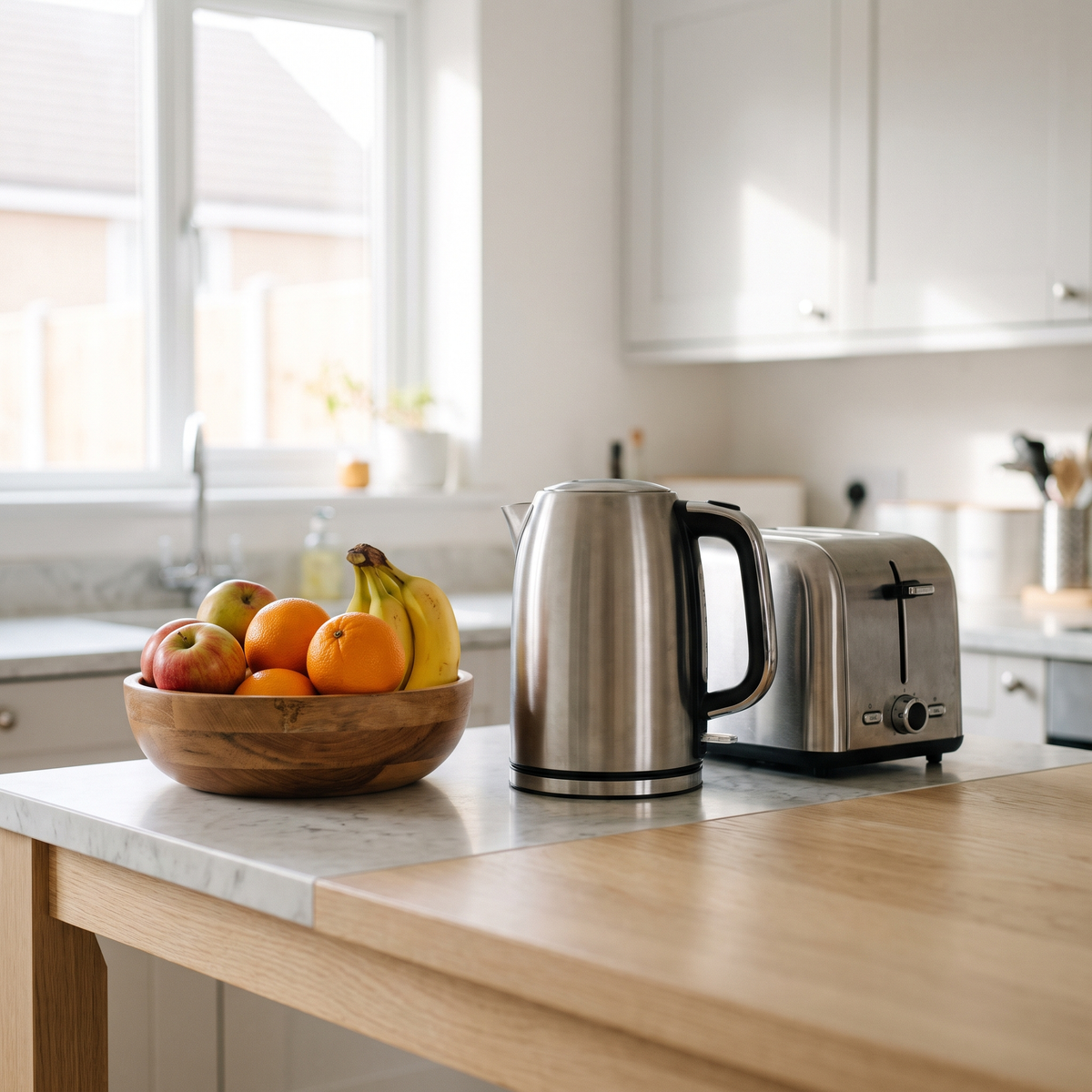 Kitchen appliances on a bright worktop