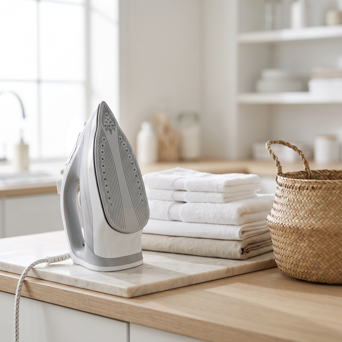 Steam iron and folded laundry