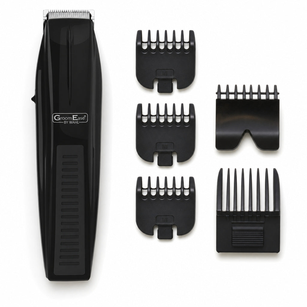Wahl GroomEase Battery Performer Beard Trimmer Stubble Kit 5537-6217 New — the trimmer with all five guide combs, arranged as a cutting-length ladder