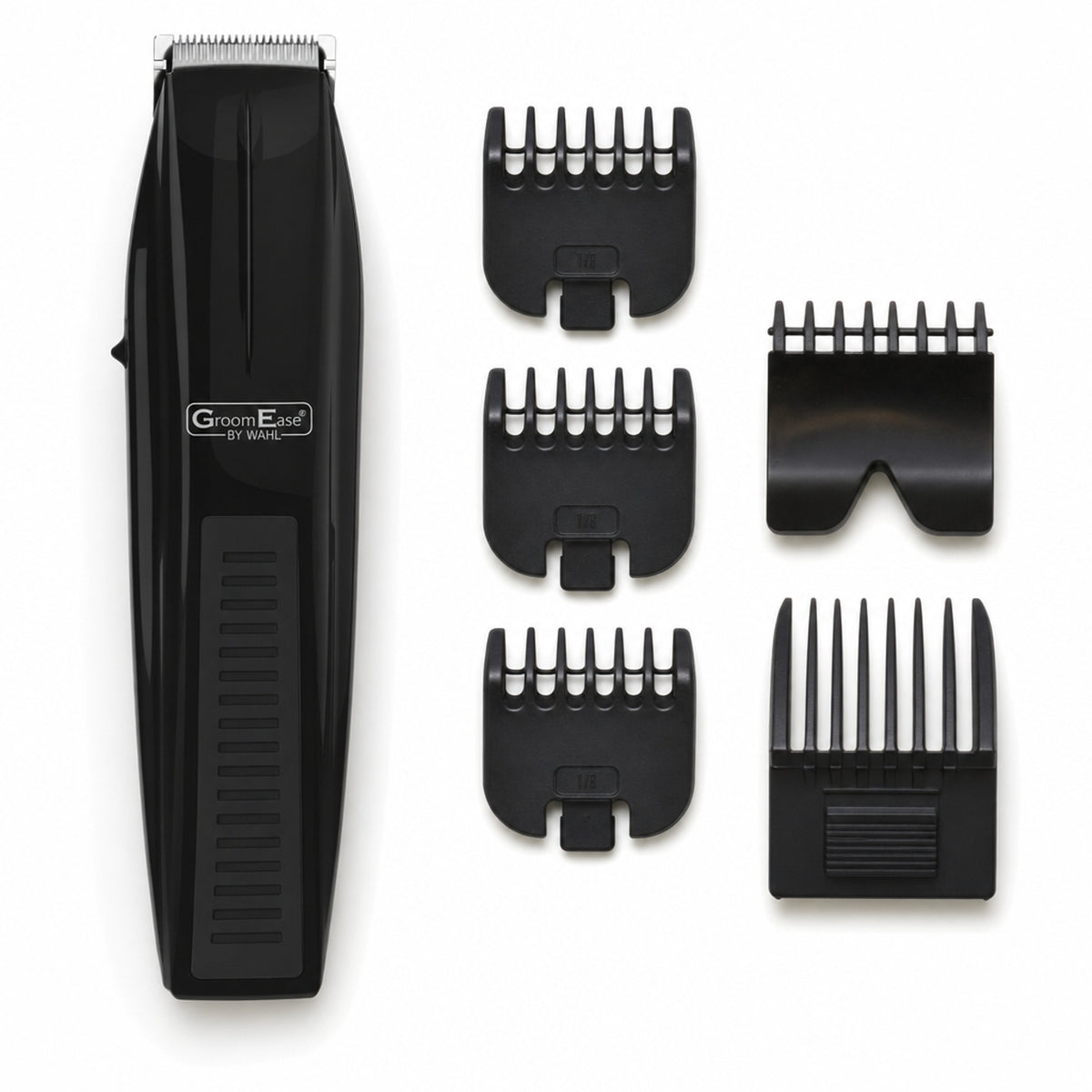 Wahl GroomEase Battery Performer Beard Trimmer Stubble Kit 5537-6217 New — the trimmer with all five guide combs, arranged as a cutting-length ladder
