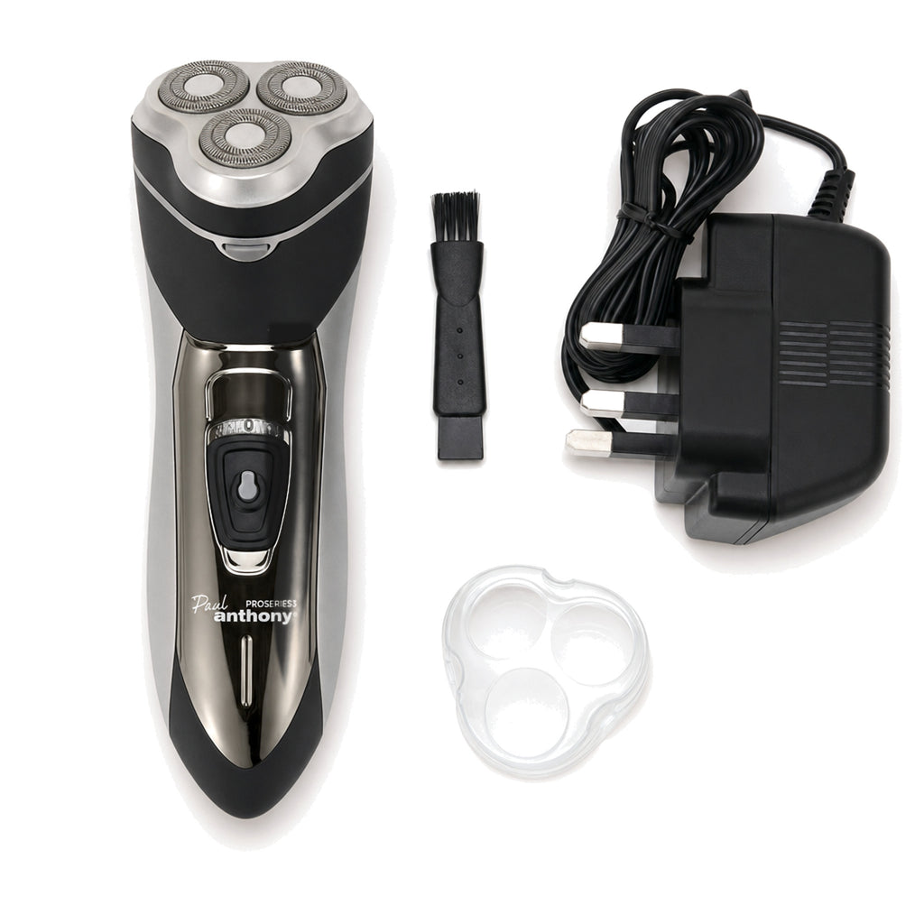Paul Anthony Mens Rotary Shaver Cordless Rechargeable 3 Titanium Heads LED New — what is in the box, shaver, UK 3-pin adaptor and cleaning brush