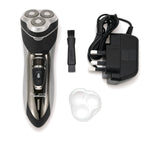 Paul Anthony Mens Rotary Shaver Cordless Rechargeable 3 Titanium Heads LED New — what is in the box, shaver, UK 3-pin adaptor and cleaning brush