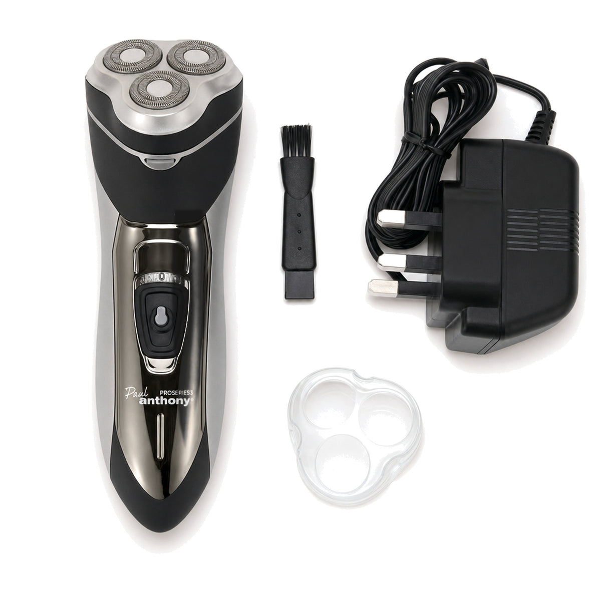 Paul Anthony Mens Rotary Shaver Cordless Rechargeable 3 Titanium Heads LED New — what is in the box, shaver, UK 3-pin adaptor and cleaning brush