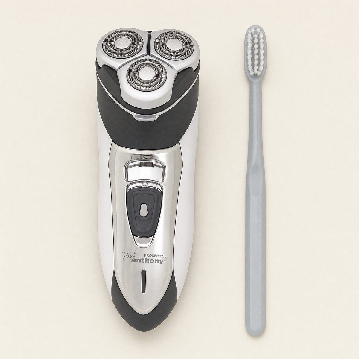 Mens Rotary Shaver Cordless Rechargeable Silver 3 Titanium Heads Trimmer New — size shown against a toothbrush