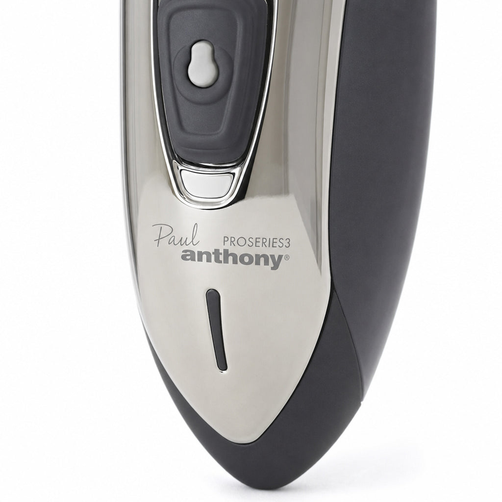 Mens Rotary Shaver Cordless Rechargeable Silver 3 Titanium Heads Trimmer New — close-up of the chrome body and wordmark