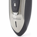 Mens Rotary Shaver Cordless Rechargeable Silver 3 Titanium Heads Trimmer New — close-up of the chrome body and wordmark
