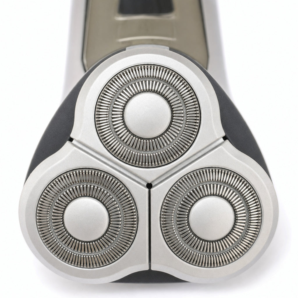 Mens Rotary Shaver Cordless Rechargeable Silver 3 Titanium Heads Trimmer New — close-up of the three rotary cutter heads