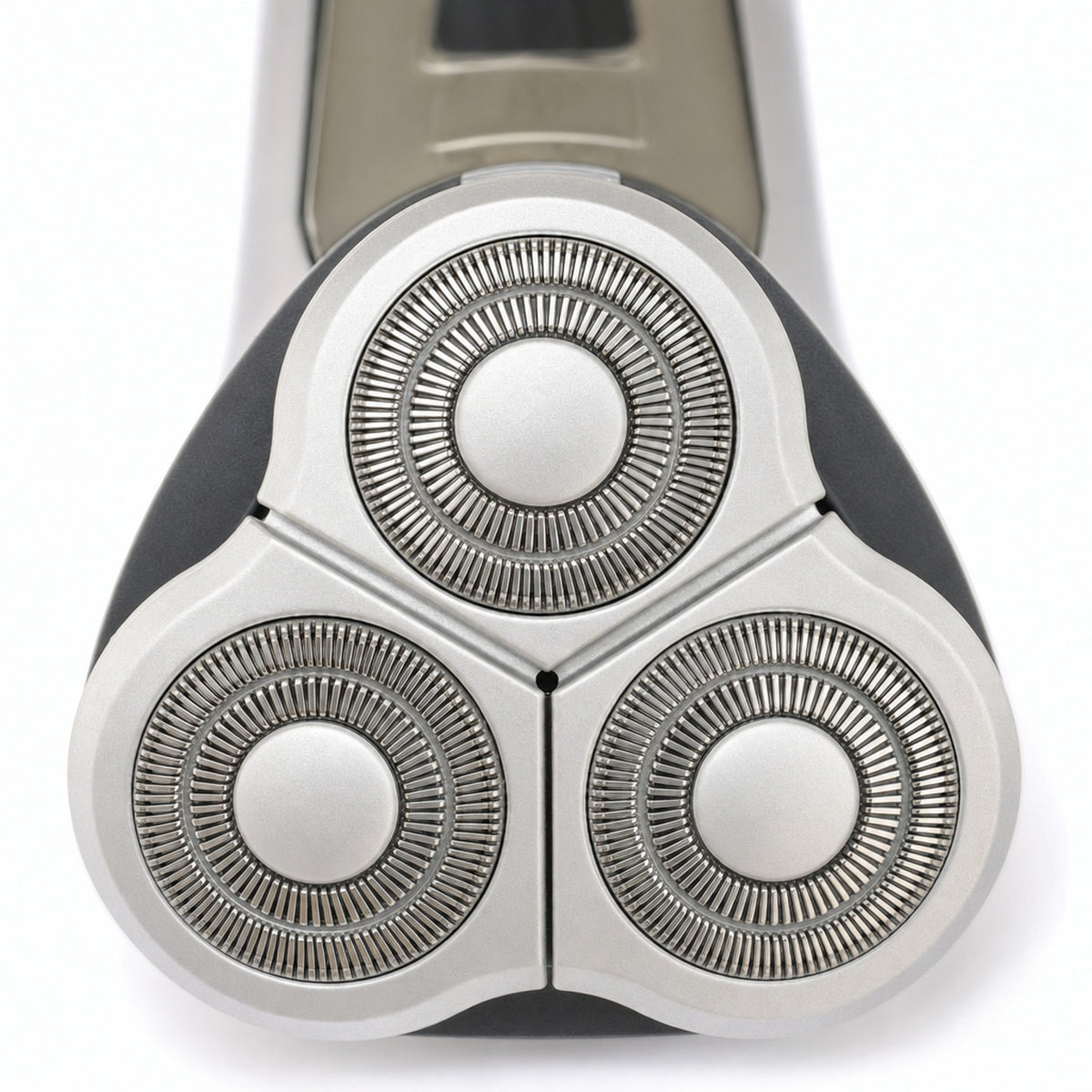 Mens Rotary Shaver Cordless Rechargeable Silver 3 Titanium Heads Trimmer New — close-up of the three rotary cutter heads