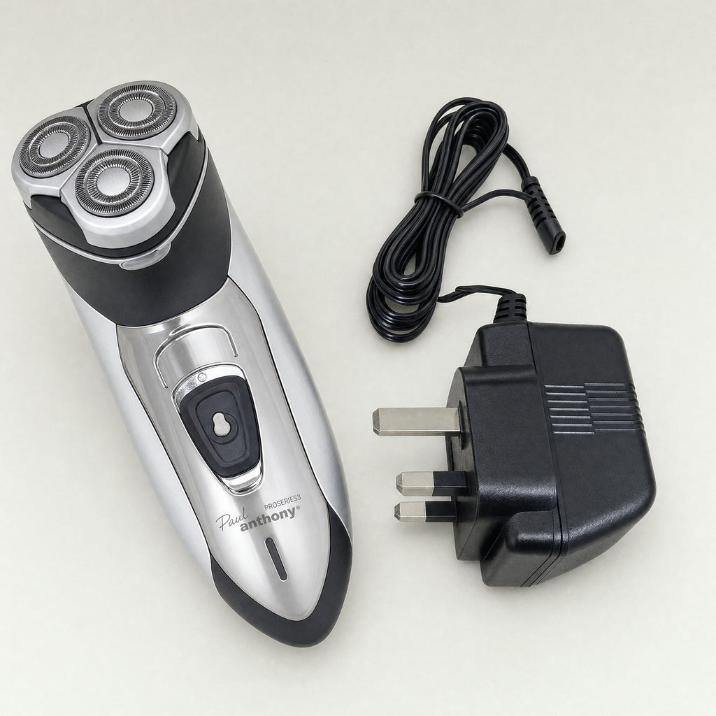 Mens Rotary Shaver Cordless Rechargeable Silver 3 Titanium Heads Trimmer New — shown with its UK 3-pin mains adaptor