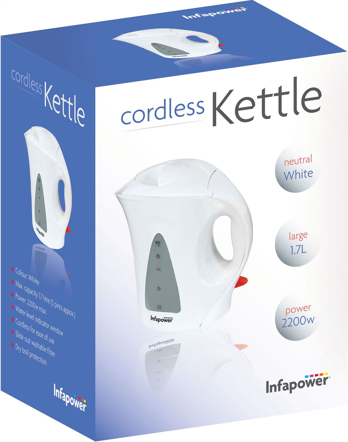 Infapower 2200w 1.7L Cordless Kettle White, product photo 1