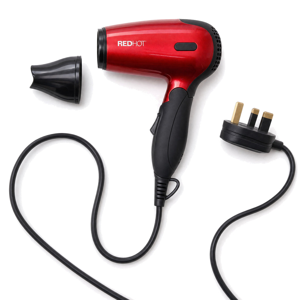 Travel Hair Dryer 1200W Compact Folding Handle Dual Voltage 2 Heat Settings New — what is in the box, flat lay