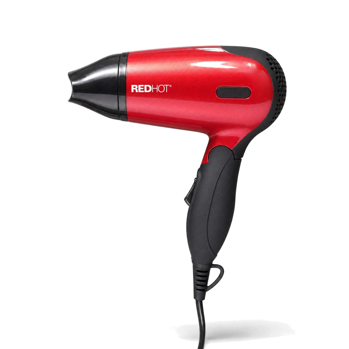 Travel Hair Dryer 1200W Compact Folding Handle Dual Voltage 2 Heat Settings New — hero, handle unfolded, on white