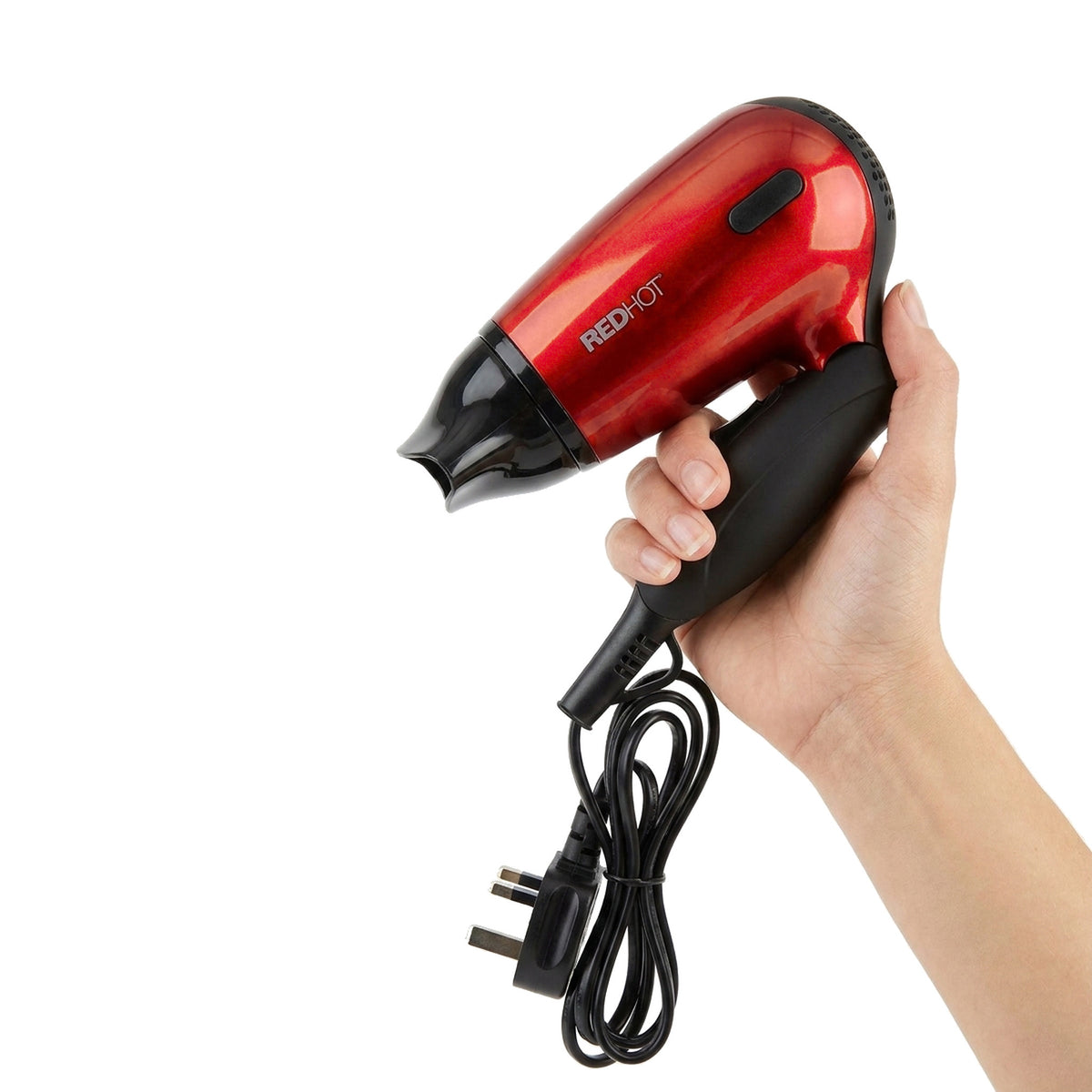 Travel Hair Dryer 1200W Compact Folding Handle Dual Voltage 2 Heat Settings New — folded, held in hand to show how small it is