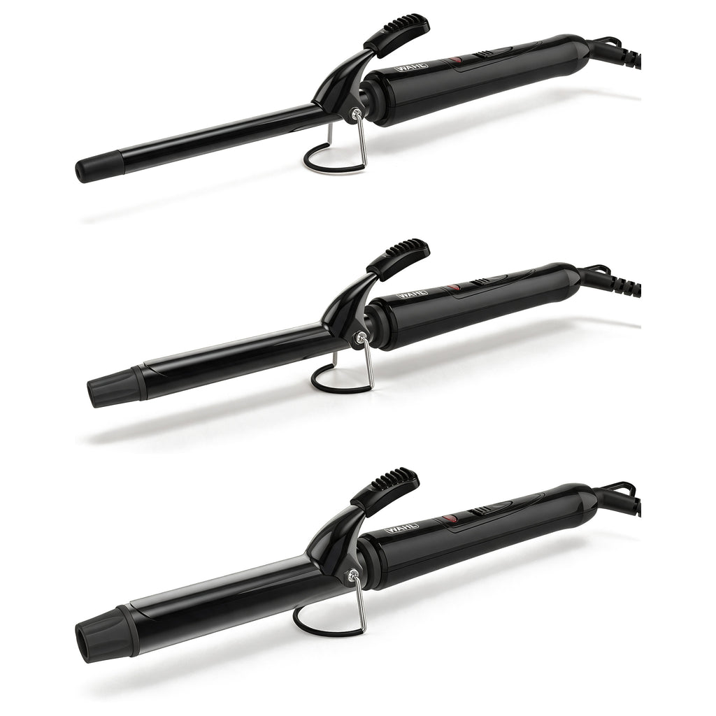 Wahl Ceramic Curling Tong 13mm 16mm 25mm 200°C Cool Touch Tip Hair Curler New — all three barrel sizes together