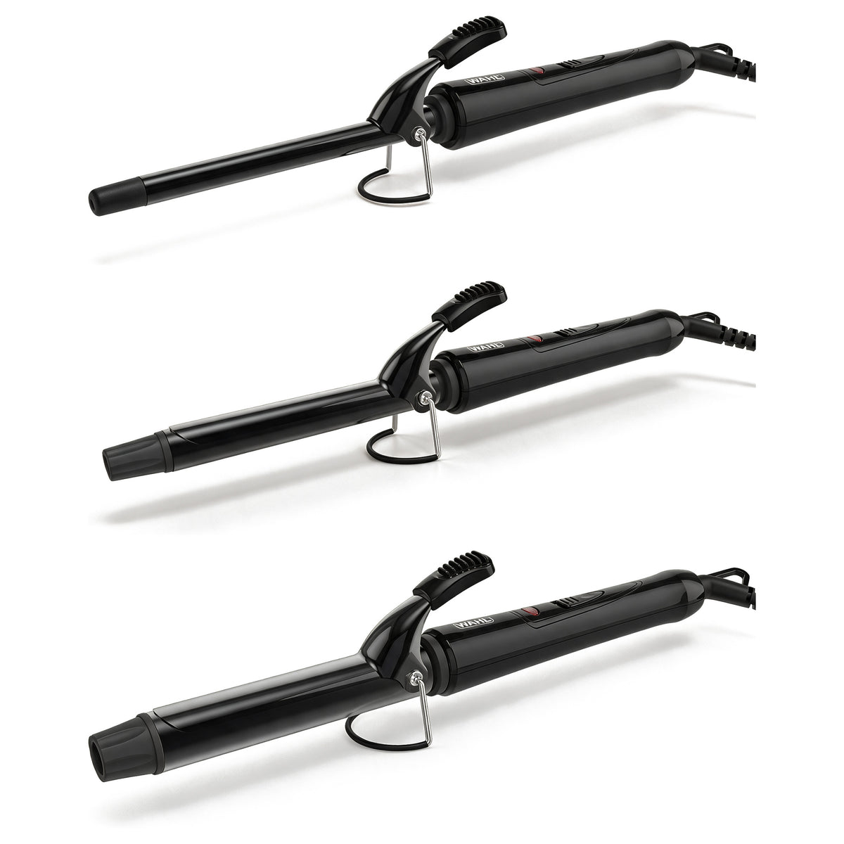 Wahl Ceramic Curling Tong 13mm 16mm 25mm 200°C Cool Touch Tip Hair Curler New — all three barrel sizes together