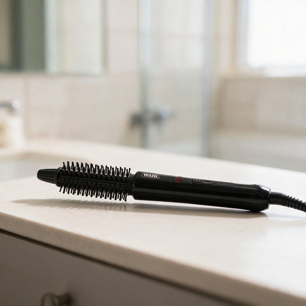 Wahl Ceramic Hot Brush 19mm Barrel Hair Styler Curls Waves 200°C Quick Heat New — styled at rest on a dressing table