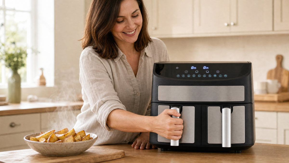 Smiling woman opening a dual basket air fryer in a bright kitchen, steaming potato wedges beside it