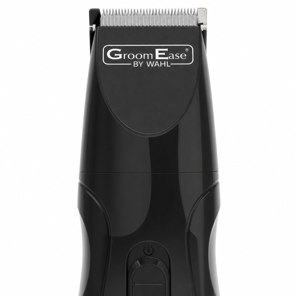 Wahl GroomEase Beard Trimmer Rechargeable 8 Lengths 0.5-12mm 9685-517 New — macro of the head, the blade and the wordmark