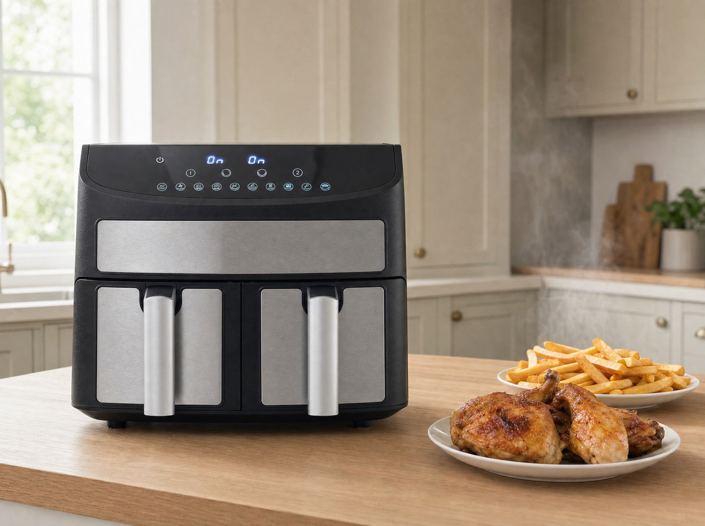 Domestic King 7L air fryer on a kitchen worktop beside two plated dishes