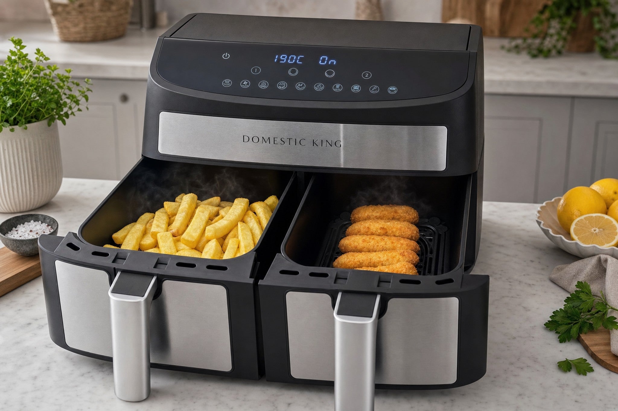 Domestic King 7L air fryer with both drawers open, chips and fish fingers cooking
