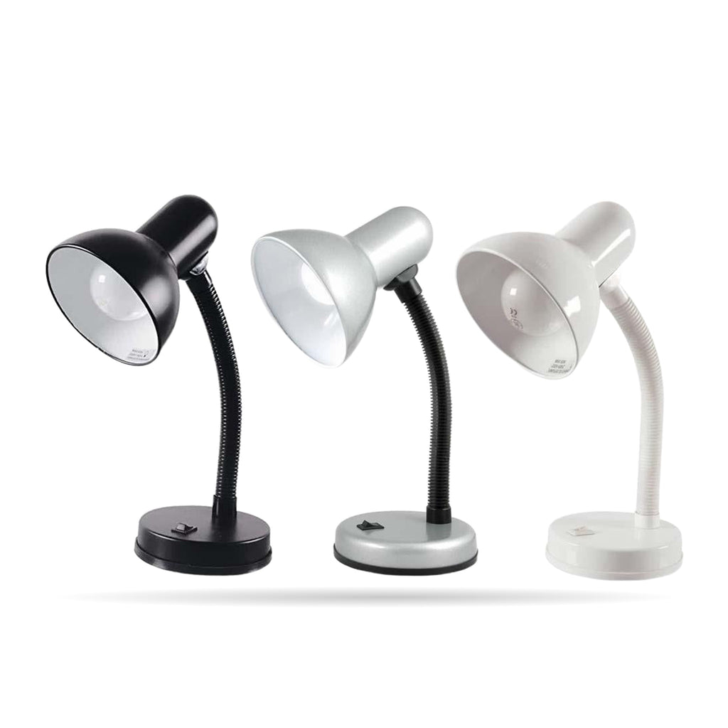 Lloytron 35W Classic Flexi desk lamps in black, silver and white together on a white background