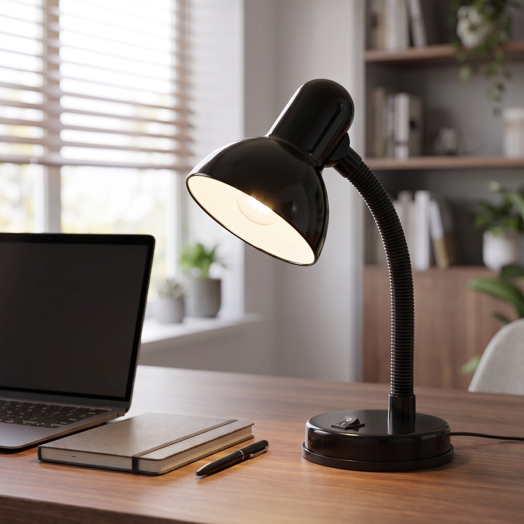 Lloytron 35W Classic Flexi desk lamp, black, lit on a home office desk beside a laptop