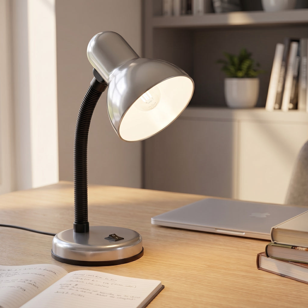 Lloytron 35W Classic Flexi desk lamp, silver, lit over an open notebook on a desk