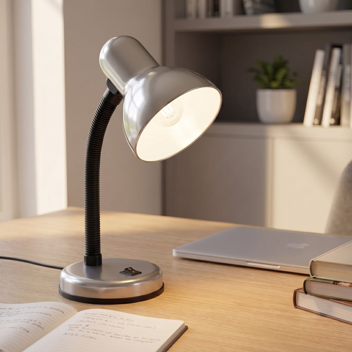 Lloytron 35W Classic Flexi desk lamp, silver, lit over an open notebook on a desk