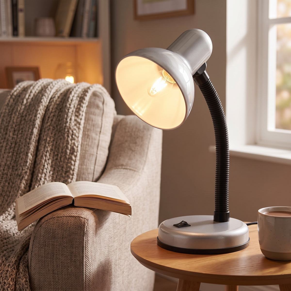Lloytron 35W Classic Flexi desk lamp, silver, lit beside an armchair and an open book