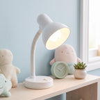 Lloytron 35W Classic Flexi desk lamp, white, lit on a shelf in a child's room