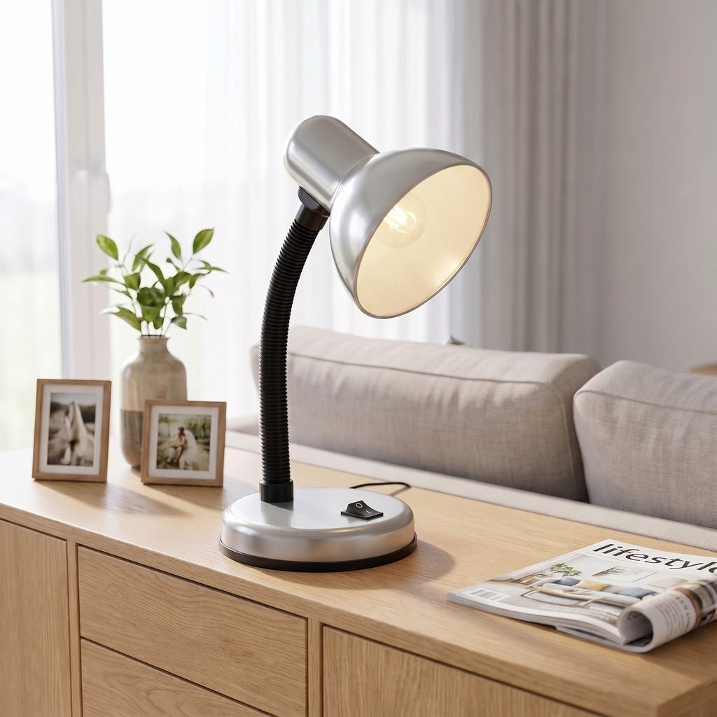 Lloytron 35W Classic Flexi desk lamp, silver, lit on a living room sideboard