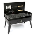 Redwood portable folding charcoal BBQ, open with grill and tools, on a white background