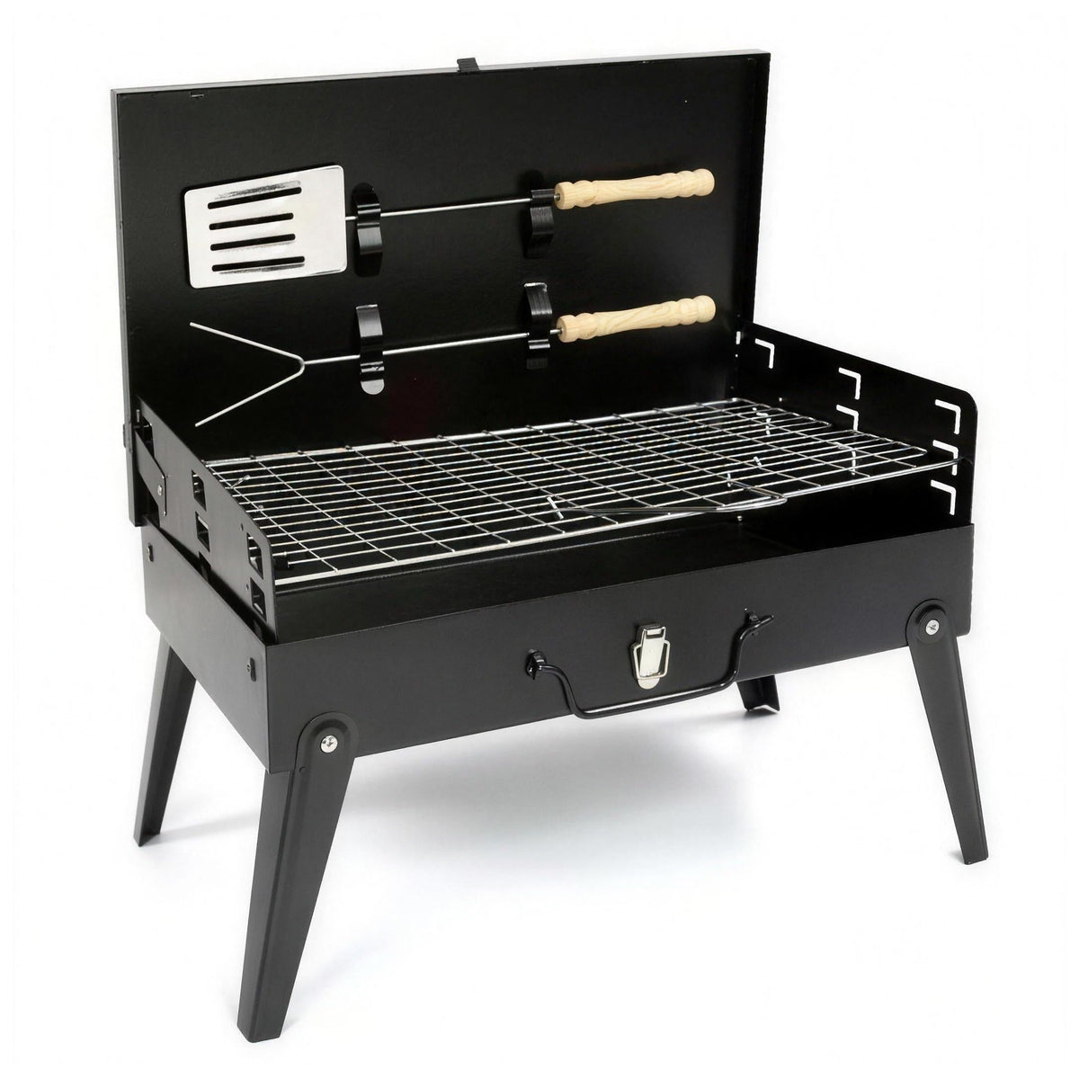 Redwood portable folding charcoal BBQ, open with grill and tools, on a white background